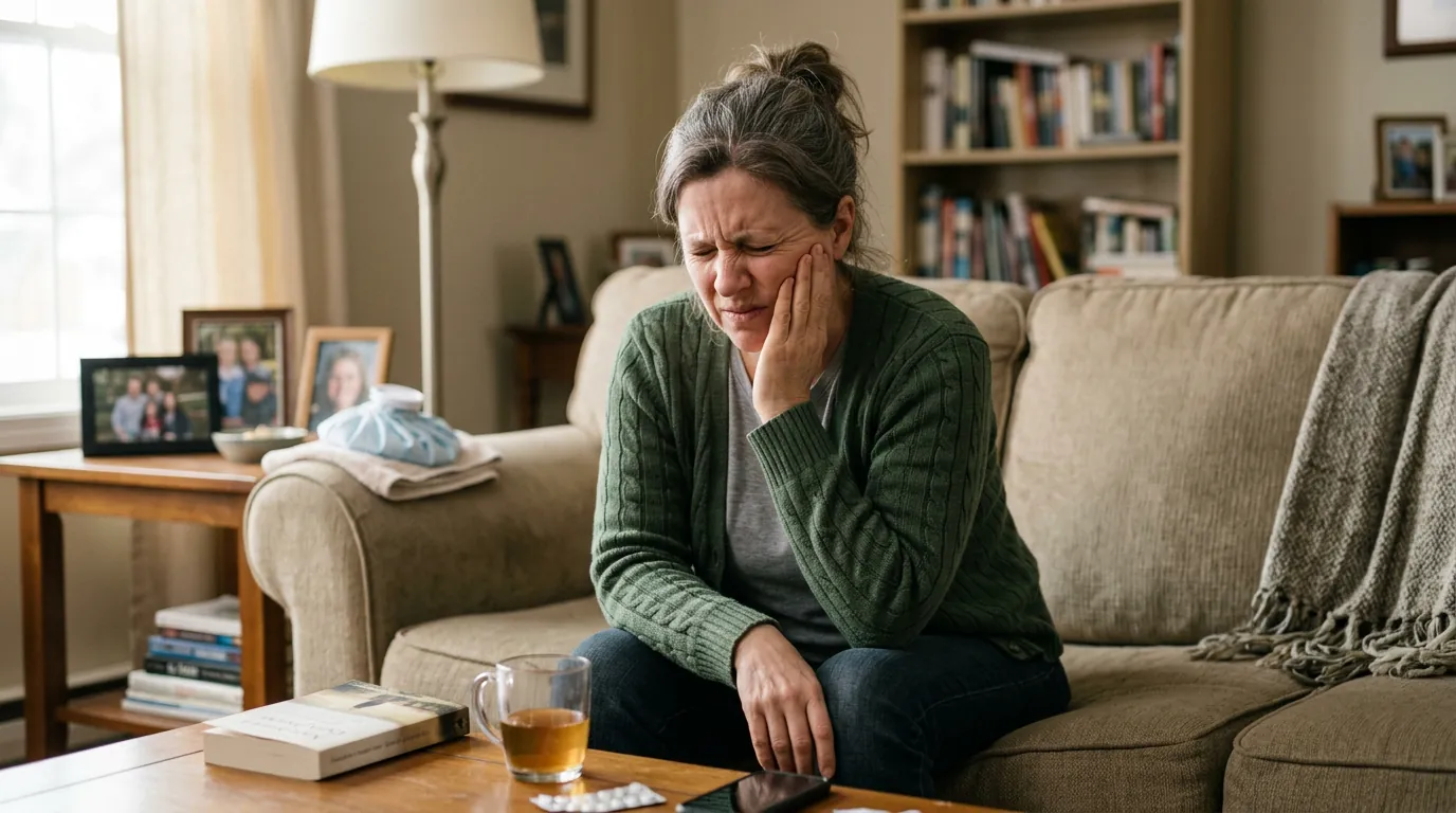 Woman holding her cheek in pain from a severe toothache